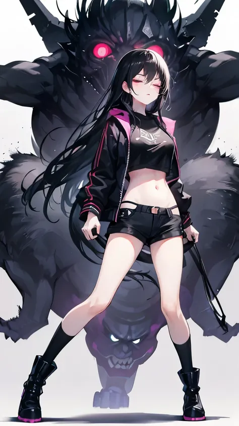 Cool girl, long black hair, belly button exposed, thin legs, wearing black crew socks, boots, wearing a jacket, attacked by a monster from behind, pushed away, eyes closed, screaming, full body picture