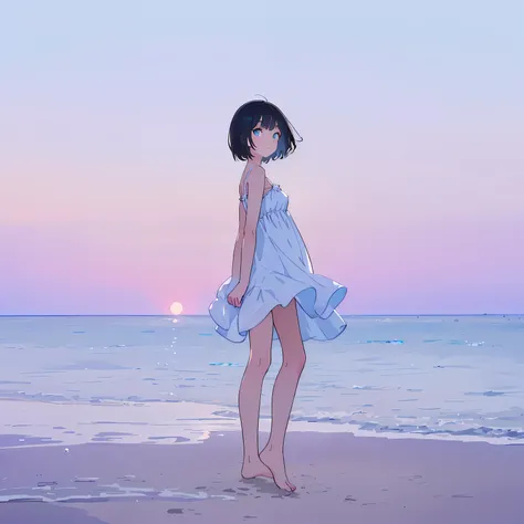 1girl wearing a plain white dress, short black hair, cyan eyes, looking at viewer, side view but her head is turned to face the camera, arms behind back, barefoot, walking at the beach, dawn, 8K, ultra detailed, masterpiece, sharp details, ultra high resol...