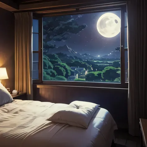 There is a photo of a room with a bed and a window, Sunny room, studio ghibli room, Detailed scenery of Studio Ghibli moonlight, Anime background art, Beautiful peaceful scenes in anime, anime countryside landscape, bedroom background , beautiful anime din...