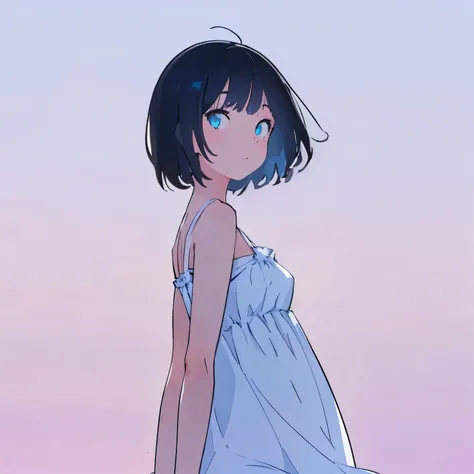 1girl wearing a plain white dress, short black hair, cyan eyes, looking at viewer, side view but her head is turned to face the camera, arms behind back, barefoot, walking at the beach, dawn, 8K, ultradetailed, masterpiece, sharp details, ultra high resolu...