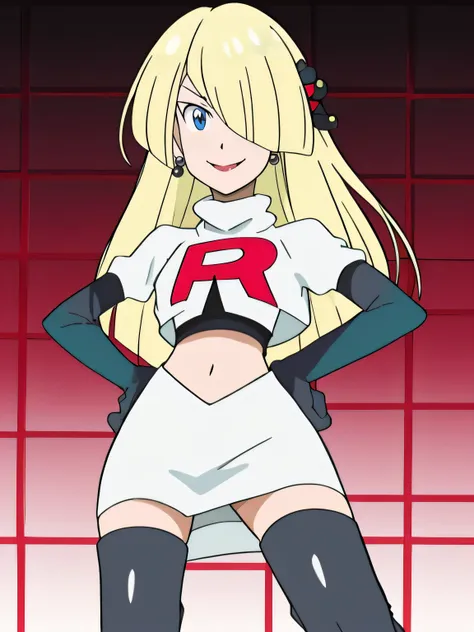 cynthia (pokemon), 1girl, solo ,blonde hair, blue eyes ,hair covering one eye, hair ornament ,glossy lips, earings ,team rocket ...