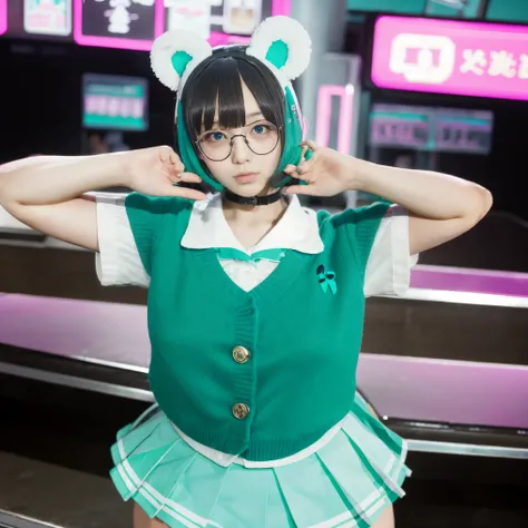 Anime girl, bear ears, wearing a school uniform, short turquoise hair, wearing round glasses, 