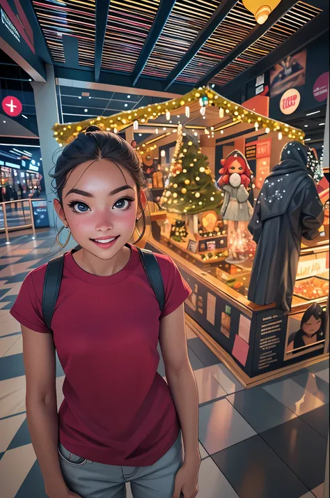 there is a smiling young girl standing in front of a christmas display, taken with sony alpha 9, with  jesus, shot on nikon z9, photo taken at night, photo taken with sony a7r camera, in a mall, wideangle portrait, panoramic centered view of girl, taken wi...