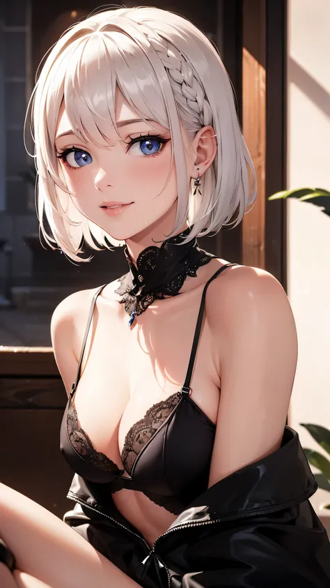 (Vague:1.2),(best quality,4K,8k,high resolution,masterpiece:1.2),Super detailed,soft light,Subtle tones,sensual atmosphere,ethereal beauty,translucent silk，Smile，portrait，white hair，short hair