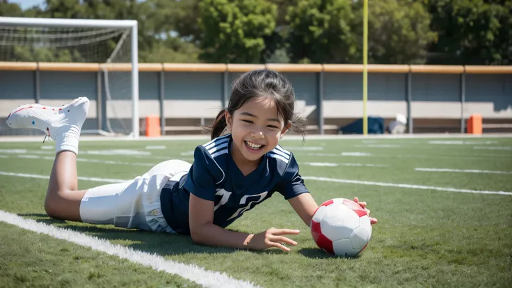 A child runs on the football field，laughing out loud，photograph，Realistic，close up