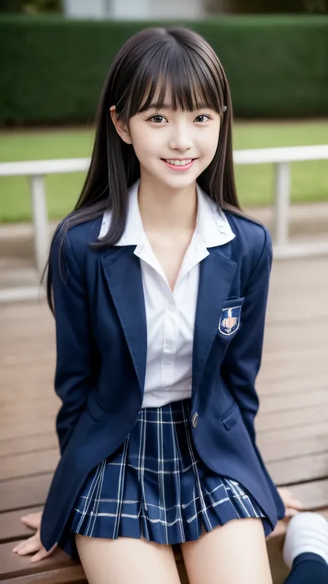 (8k, RAW photo, best quality, masterpiece:1.2), (realistic, photo-realistic:1.4), (extremely detailed 8k wallpaper), 1 girl, (school uniform,  blazer),  school, (navy blue plaid pleated skirt:1.2), school bag,  The most beautiful Japanese model, 16-year-ol...