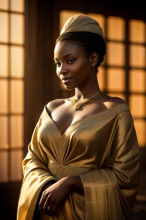 African Bathsheba, poised and radiant before the sunrise, throws a gentle smile as she looks directly into the camera lens. The suns first light bathes her in a warm, ethereal glow, casting long, delicate shadows across the serene landscape. Draped in a hi...