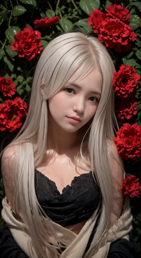 1girl,solo,1girl,solo,((beautiful detailed eyes)), (detailed light),depth of field,(white hair),silver eyes,hair over one eye,(red flower ), hair flower,long hair,black cloak,wet,emotionless,looking back,night,starfall,raining,fog,red flowers falling,sketc...