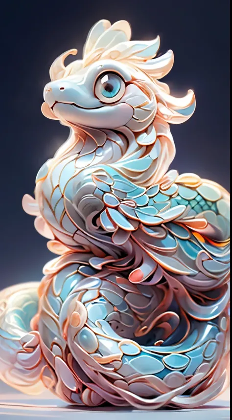 The shape of a snake，The background is clean，Dreamy colors，Transparent statue，florals，Big eyes，The white，adolable，Clear eyes，tmasterpiece，（best qualtiy：1.3），A snake，full bodyesbian，（（Snake））