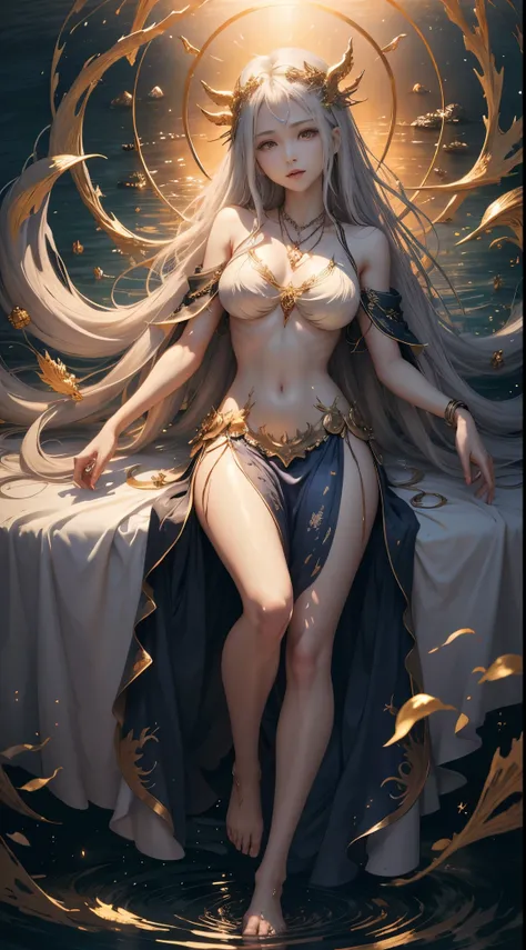 ​masterpiece、Golden halo、Holy Goddess、Colorful decorative hair ornament、Large necklace encrusted with fine jewels、Delicate facial beauty、Dresses that flow like water、Dress with pale flames、A stream of water that covers the whole body、Supple fingers、Slender...