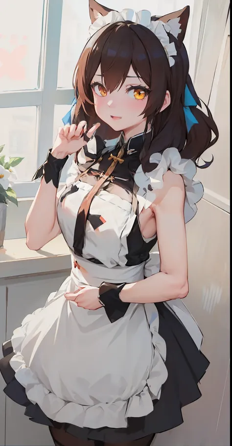 anime character dressed in maid outfit posing in front of window, maid outfit, Gorgeous maid, 穿着maid outfit的动漫猫女孩, 穿着maid outfit的动漫女孩, maid outfit,  wearing clothes, Anime cute art style, Cute anime waifu wearing beautiful clothes, from girls frontline, Ex...