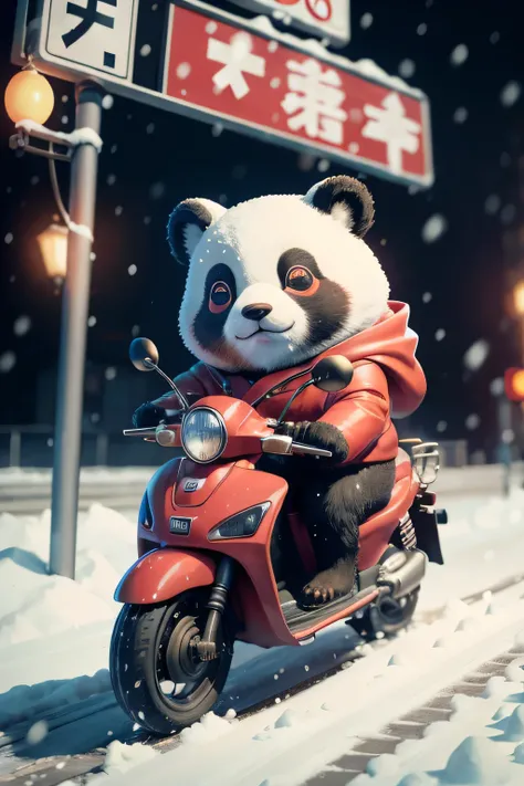 Very dynamic medium scene. A panda wearing a red cotton coat rides a battery car at full speed. Snowy streets.  many details.Surrealism.((The street sign says &quot;Yulin East Road&quot;)).There must be road signs on the roadside.The street sign says &quot...