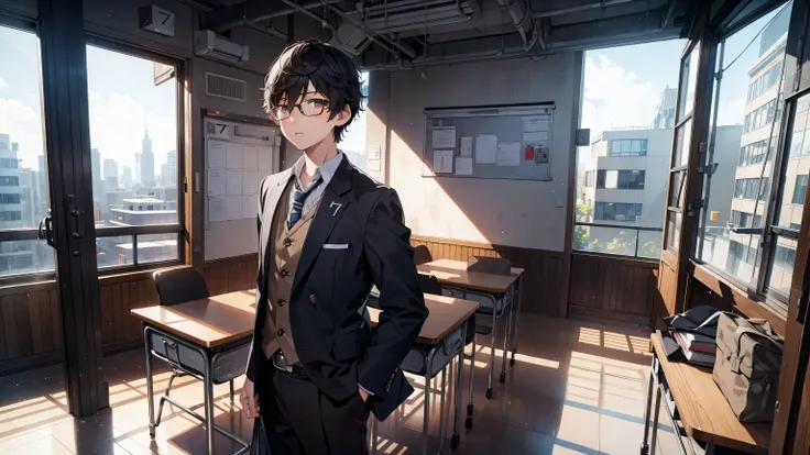 masterpiece, best quality, 1boy, solo, amamiya ren, glasses, ((tsume-eri gakuran boy japanese school uniform)), corridor, ((top ...