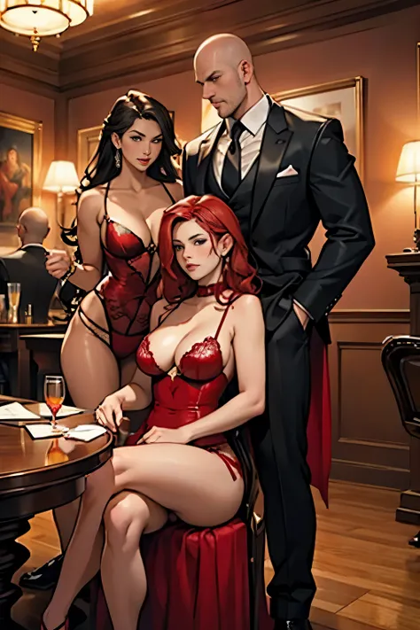 NSFW, Three scantily clad women, red lingerie, high heels, long curly hair, seductive poses, cleavage exposed, sensual expression, dimly lit room with red velvet decor, leaning against each other, one woman touching the others hip, feather fan in hand, han...