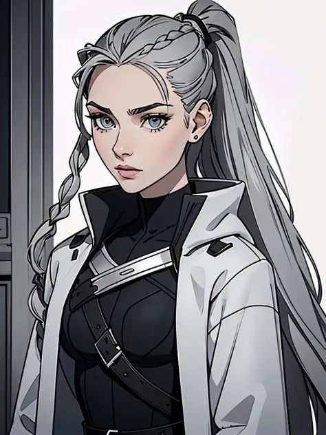 Cassandra is a tall young woman in her 20s with pale skin., gray eyes and white wavy hair, braided into a high ponytail with many small braids. Two strands of hair and asymmetrical bangs go down the sides of the face. Prefers clothes in black and gray colo...