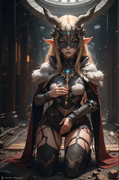 sh4g0d,
girl shaman, wearing mask made of wood, portrait, kneeling, dark blonde straight hair,