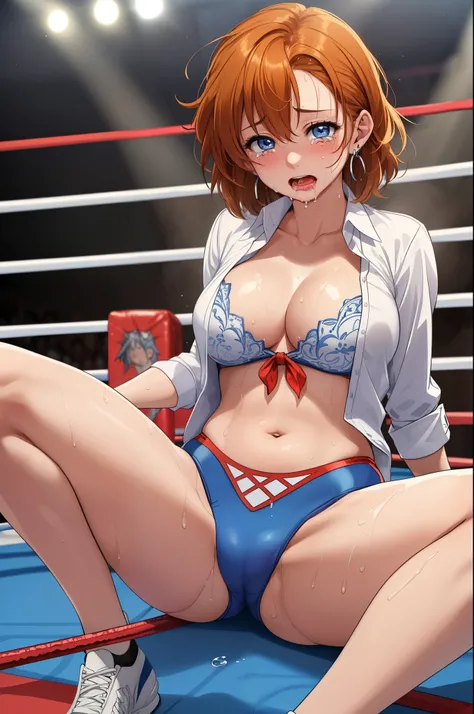 (Masterpiece, Best Quality, High Quality), professional artwork, well drawn, Intricate Details,(((a girl sitting on corner of wrestling ring and spread her legs))),Kousaka honoka, ultra detail hair, ultra detail face, perfect eyes, earring, front tie white...