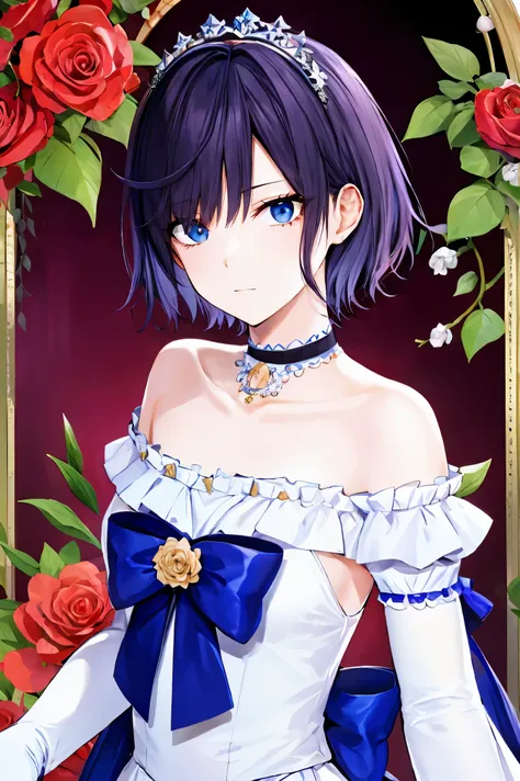 shoujo-style, jk style, (floral background), romance manhwa, (nagisa), 1girl, solo, short hair, flower, dress, tiara, white dress, gloves, long sleeves, choker, mascara, makeup, white gloves, black bow, black flower, bow, jewelry, looking at viewer, collar...