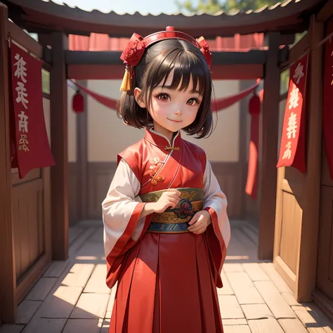 Cute little girl wearing red Hanfu，festive atmosphere，festive atmosphere（1.5）chinese princess，beautiful figure painting，Chinese fantasy，Detailed digital animation art，8k，High quality artistic details，big eyes，Smile，Confident Chinese girl，permanent，face for...