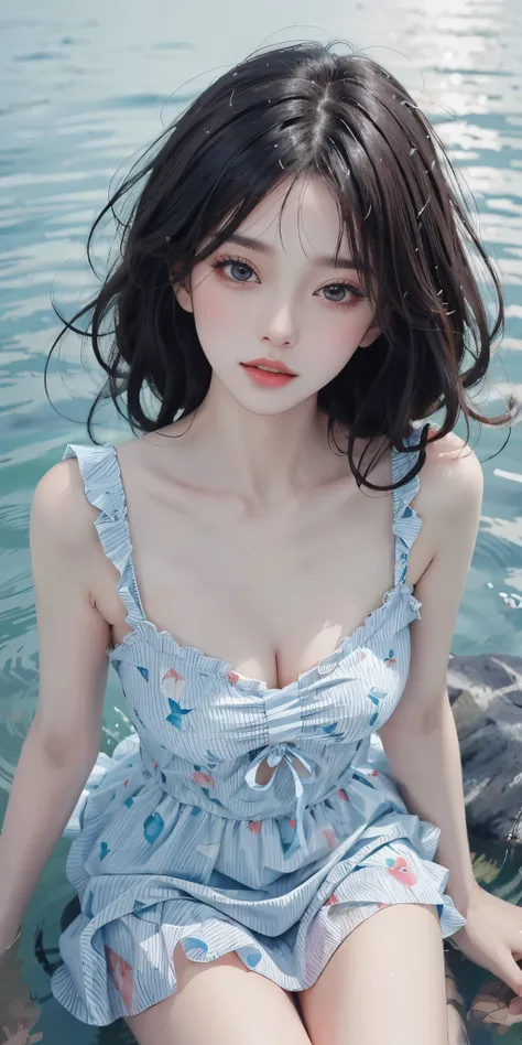 Sweet girl clothes6,print dress, (knee shot) best quality，masterpiece，ultra high resolution，Clear face,（Realism：1.4），RAW photos，cold light，woman wearing transparent dress underwater，wallpaper anime blue water，Gurwitz-style artwork，Close-up fantasy of water...