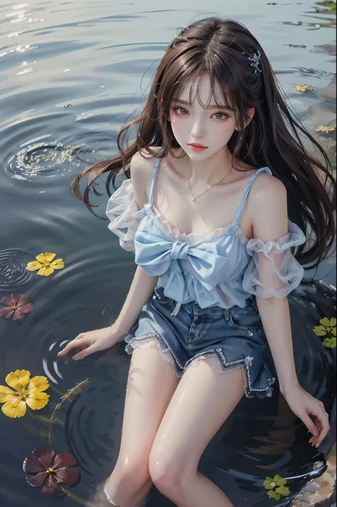 Sweet girl clothes7,skirt, (knee shot) best quality，masterpiece，ultra high resolution，Clear face,（Realism：1.4），RAW photos，cold light，woman wearing transparent dress underwater，wallpaper anime blue water，Gurwitz-style artwork，Close-up fantasy of water magic...