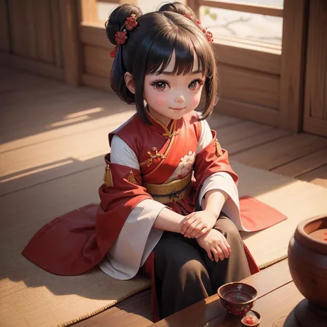 Cute little girl wearing red Hanfu，chinese princess，beautiful figure painting，Chinese fantasy，Detailed digital animation art，8k，High quality artistic details，big eyes，Smile，Confident Chinese girl，sit cross-legged，，facing forward，Smile着，all heights