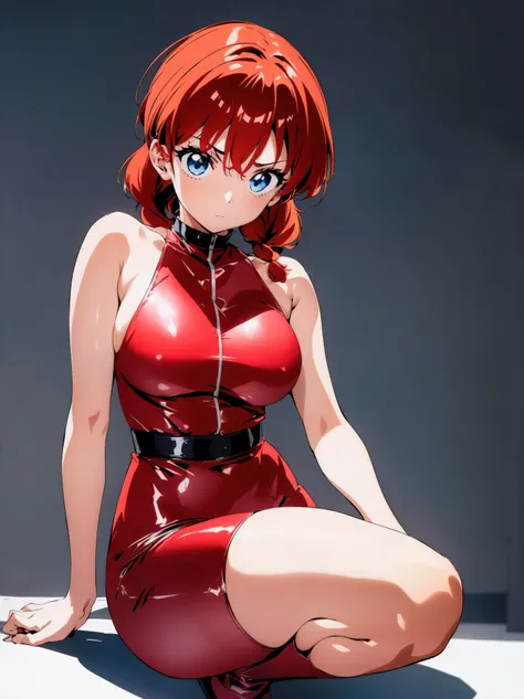 Redhead anime girl wearing pink latex top and black leather pants, 16 anos, corpo bonito, seios grandes, kneeling on the floor with hands on waist, hands on hip, agachada, red hair with braid, beautiful lighting, susve sombras, olhos azuis, pernas bonitas,...