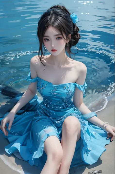 Special clothes46,strapless dress, (knee shot) best quality,masterpiece,ultra high resolution,Clear face,(Realism:1.4),RAW photos,cold light,woman wearing transparent dress underwater,wallpaper anime blue water,Gurwitz-style artwork,Close-up fantasy of wa...