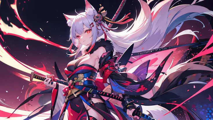 Night city kimono a girl fox mask neon distant view fighting pose katana long hair big breasts