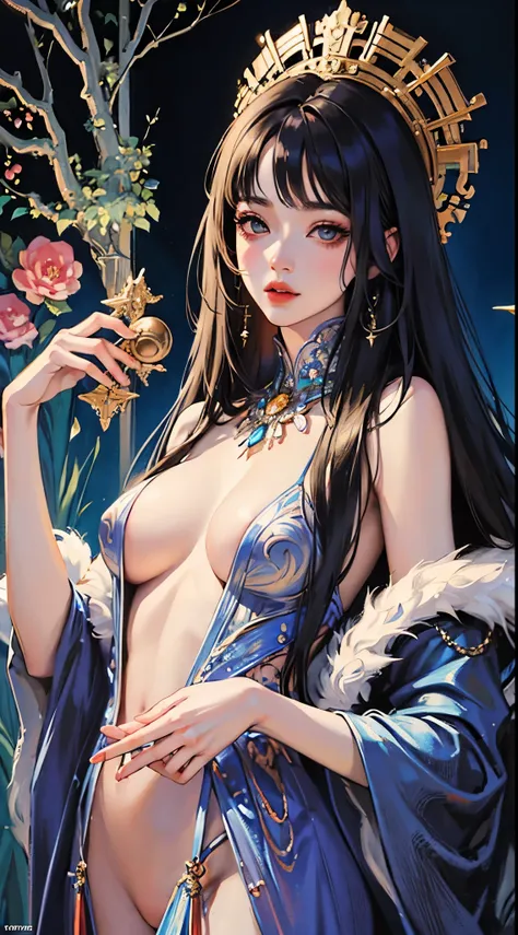 A cinematic scene,a Nsfw gorgeous Naked princess in winter cosplay,hiding hands,no hands,pussy,nude,erotic posing,sexual posing,Like the work of Klimt,Like Amchas work,Inspired by Klimt and Mucha,Vivid colorful tones,colourful hair,Stylish,Anime Girl,fantr...