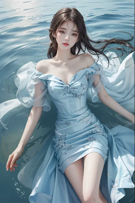 print dress, off shoulder, ,  (knee shot) best quality，masterpiece，ultra high resolution，Clear face,（Realism：1.4），RAW photos，cold light，woman wearing transparent dress underwater，wallpaper anime blue water，Gurwitz-style artwork，Close-up fantasy of water ma...