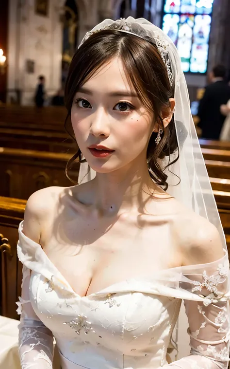 (Best quality, 8k, 32k, Masterpiece, UHD:1.2),Photo of Pretty Japanese woman,1girl,(medium-short dark brown hair),double eyelid,(large breasts:1.2),sexy,((in the church)),((wedding dress, wedding veil),off shoulder,(deep slit:1.2),(sidemile:1.1),overhead s...