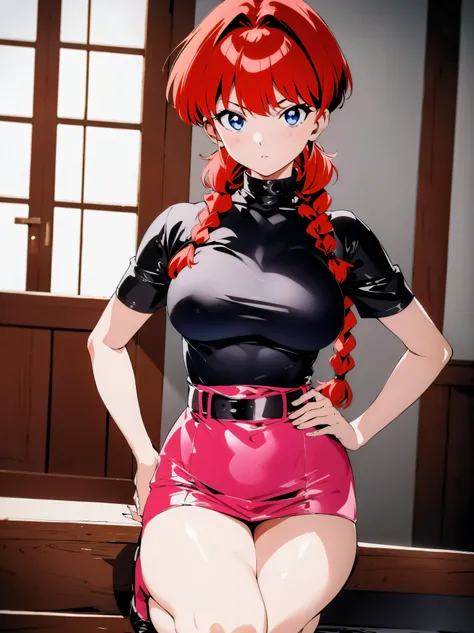 Redhead anime girl wearing pink latex top and black leather pants, 16 anos, corpo bonito, seios grandes, kneeling on the floor with hands on waist, hands on hip, agachada, red hair with braid, beautiful lighting, susve sombras, olhos azuis, pernas bonitas,...