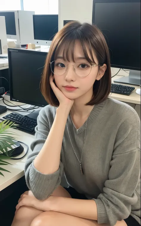 realistic、highest quality、1 girl、chestnut hair,short hair,saliva、,professional lighting、On the wrap、Being in the company、OL、Office Casual、Foliage plant、machine、computer、document、accessories、Glasses with thin silver rimmed、sit cross-legged、