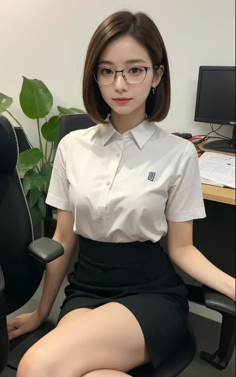 realistic、highest quality、1 girl、chestnut hair,short hair,saliva、,professional lighting、On the wrap、Being in the company、OL、Office Casual、Foliage plant、machine、computer、document、accessories、Glasses with thin silver rimmed、sit cross-legged、