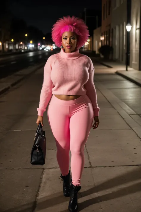 ((best quality)), ((masterpiece)), (detailed), perfect face, black woman with huge blonde and pink afro, curvy and fit physique, pink lipstick, wearing a long, pink sweater, black leggings and tall black boots, walking down a street at night