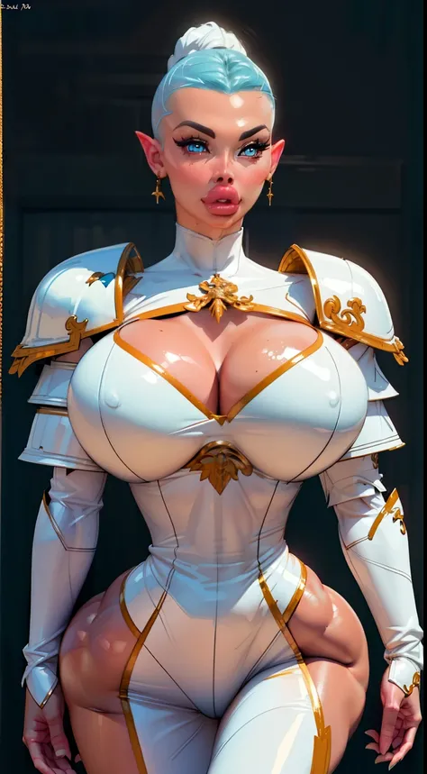 (((1girl:1.8))), ((bulky woman:1.5)) sehele style, anime style, (((dark elf))) (((blue skin:1.5))) (((smoldering eyes))), ((bald:1.5)), ((no hair:1.5)), 8k, 4k, Unreal Engine 5, (braided ponytail:1.3), octane render, trending on pixiv, ((huge shoulder pads...