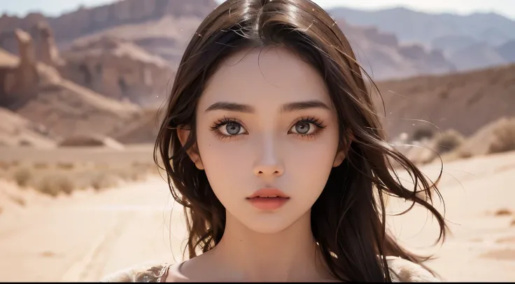 A beautiful woman is confused in a deserted desert. Dark brown hair. Beautiful double eyes. The bridge of my nose. Well-shaped lips. Twenty years old. Upper body close-up image.