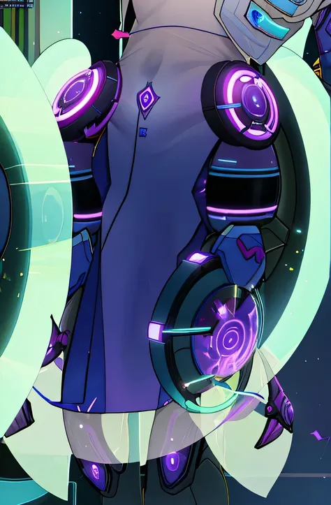 There are two circular objects in the room with purple lights., purple glowing core in armor, thick and smooth warframe