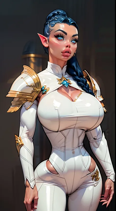 (((1girl:1.8))), ((bulky woman:1.5)) sehele style, anime style, (((dark elf))) (((blue skin:1.5))) (((smoldering eyes))), ((bald:1.5)), ((no hair:1.5)), 8k, 4k, Unreal Engine 5, (braided ponytail:1.3), octane render, trending on pixiv, ((huge shoulder pads...