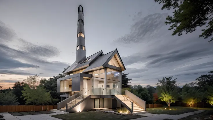 color photo of a contemporary and sleek grey-colored Midcentury home, featuring a unique element of illuminated skylights. The house boasts a perfect blend of timeless Midcentury architecture and modern design. Its grey exterior exudes sophistication and e...