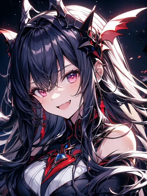 anime girl smiling, dark background, close up on upper body, masterpiece, best quality, high quality, vampire look, fangs, head piece