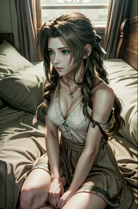 ((ultra detailed, masterpiece, best quality)) FF7Aerith, 1girl, solo, single braid, green eyes, brown hair, sit on bed
