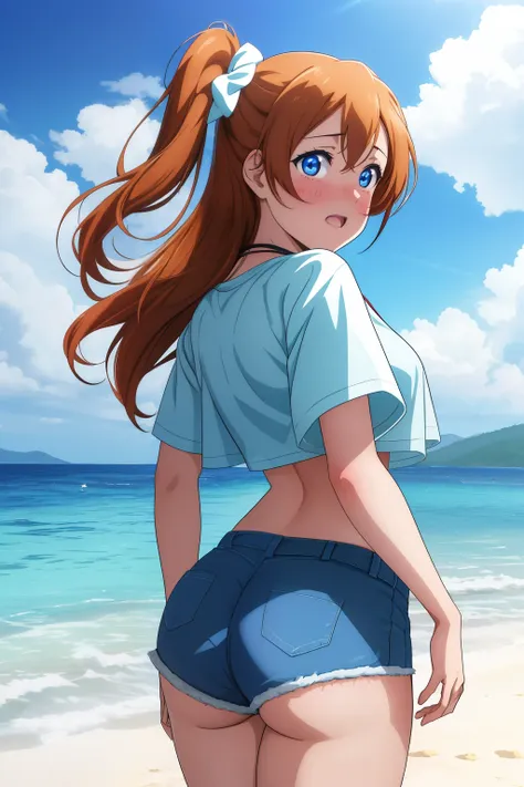 masterpiece, best quality,8k wallpaper, kousaka honoka, blue eyes,(large breasts:1.0),crop top , shorts, (exposed ass cheeks:1.2...