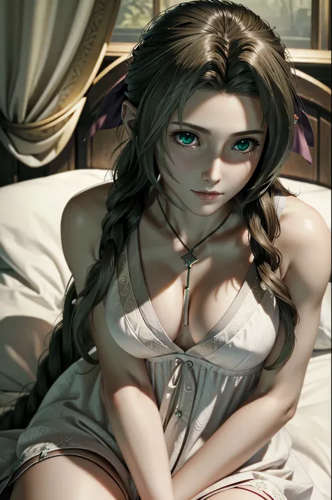 ((ultra detailed, masterpiece, best quality)) FF7Aerith, 1girl, solo, single braid, green eyes, brown hair, on bed
