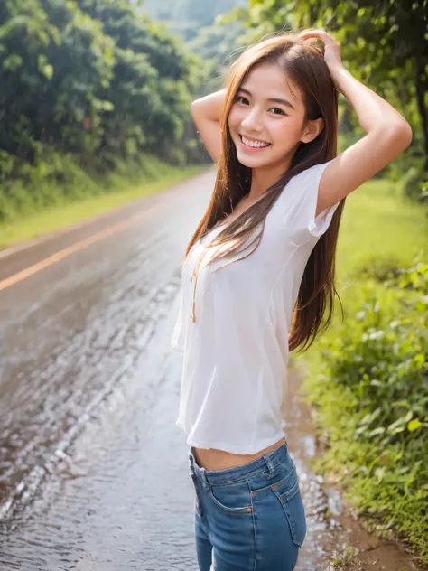 surreal picture thai girl with golden brown hair,  dancing happily in the heavy rain she was wearing a white shirt and jeans, so...