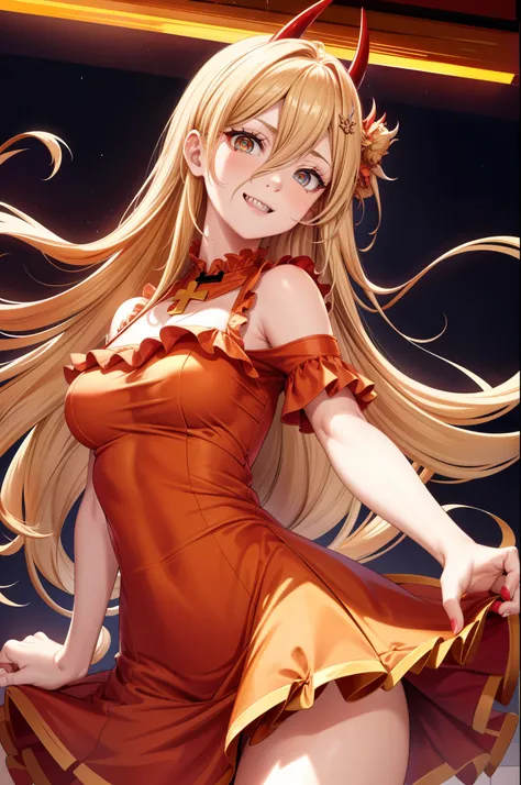 1 girl, force (CSM) , long hair, blonde hair, (red horn:1.1), (cross pupil:1.3), シンボルのshapeをした生徒たち, yellow eyes, sharp teeth, smile
(Red ruffled dress:1.3), (Red clothes:1.3), long skirt, (hair ornaments:1.2)
dance, revolve, extreme close up
break indoors,...