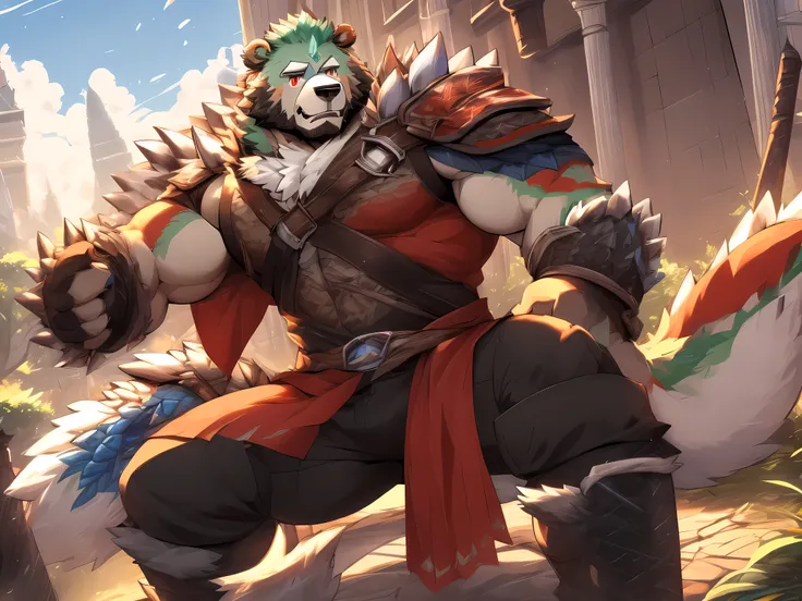 Humanity ((Bear)), hairy, Bear, Green fur, green hair, ((Beard)), male, white eyebrows, red eyes, masterpiece, ((best quality)), Character Focus Solo, Handsome, middle aged, Mature, muscle body, Sexy, like, whole body, (((jinpei))), (((monster hunter))), (...