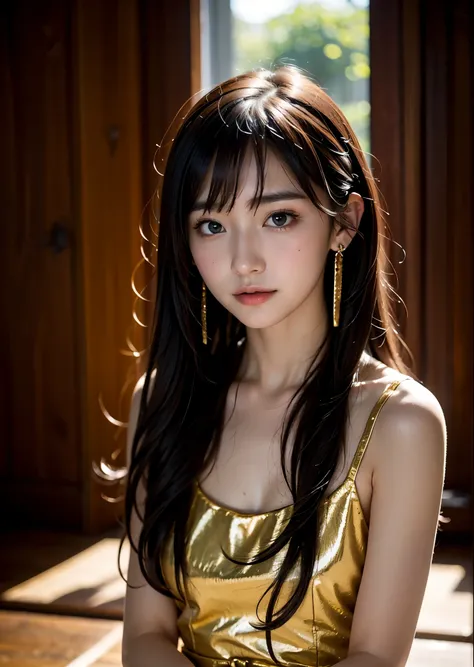 1 girl、long hair、bangs、16 years old、cowboy shot、Beautiful woman、beautiful features、small gold earrings、look at the camera、Gothic Lolita Costume、perfect lighting、Lighting with little difference in brightness and darkness、sharp focus、High definition、high res...