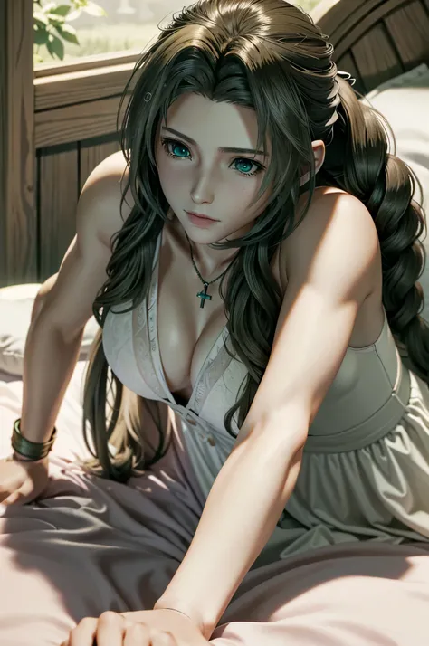 ((ultra detailed, masterpiece, best quality)) FF7Aerith, 1girl, solo, single braid, green eyes, brown hair, on bed
